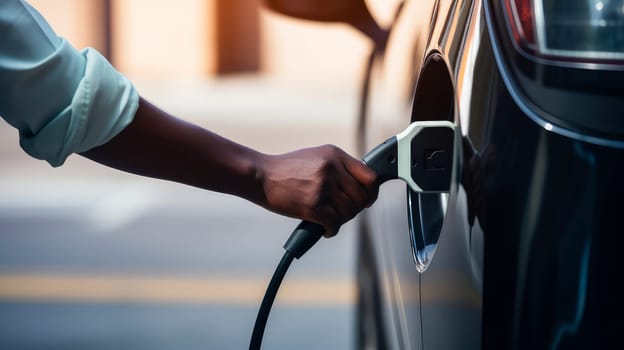 EV car or electric car at charging station with power cable connected on blurred nature with blue energy effect. Preserving clean air on Earth. Clean sustainable energy concept.