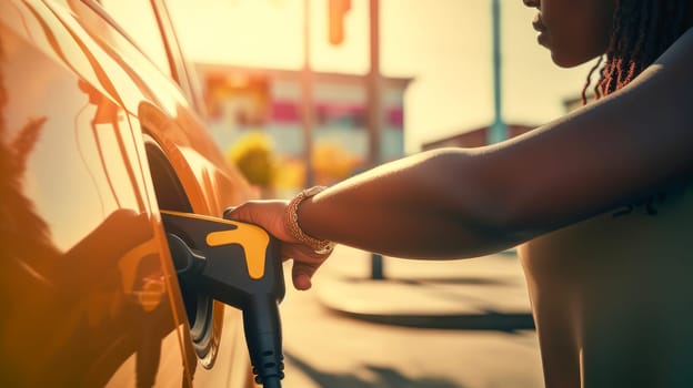 EV car or electric car at charging station with power cable connected on blurred nature with blue energy effect. Preserving clean air on Earth. Clean sustainable energy concept.