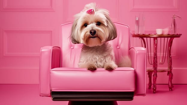 A small dog sits in a chair on a pink background, waiting for its turn for procedures. Animal grooming, grooming, groomer, animal spa, pet store, online store for animals, animal hotel, copy space, boutique.