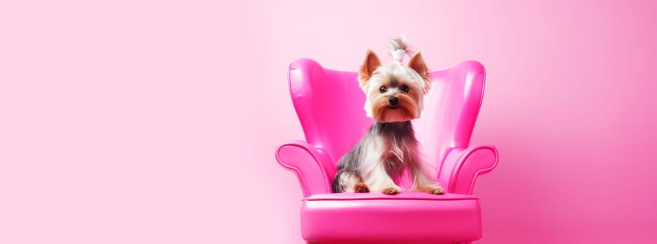 A small dog sits in a chair on a pink background, waiting for its turn for procedures. Animal grooming, grooming, groomer, animal spa, pet store, online store for animals, animal hotel, copy space, boutique.