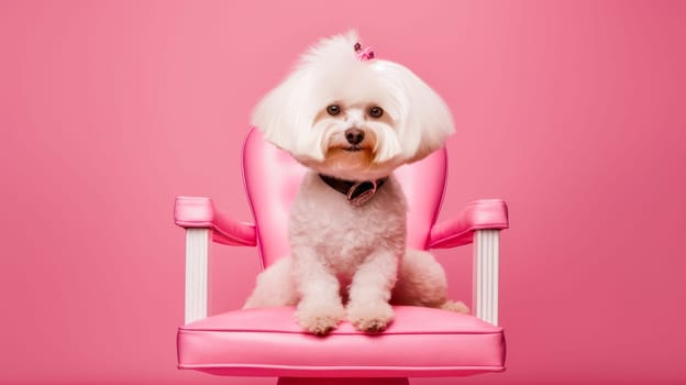 A small dog sits in a chair on a pink background, waiting for its turn for procedures. Animal grooming, grooming, groomer, animal spa, pet store, online store for animals, animal hotel, copy space, boutique.