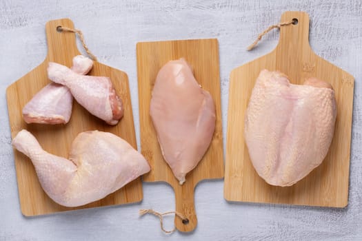 Different types of raw chicken meat.