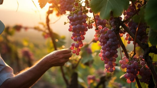 Man picking grapes: Manually picking red pink grapes on vineyards to make wine. Wine making, vineyards, tourism business, small and private business, chain restaurant, flavorful food and drinks