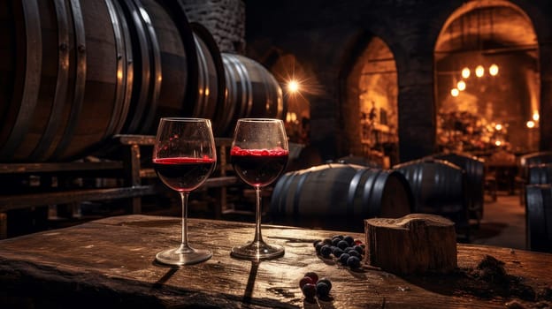 Wine cellar with wine barrels, modern and clean with oak barrels for aging and transport. Wine making, vineyards, tourism business, small and private business, chain restaurant, flavorful food and drinks