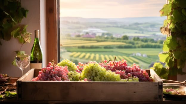 Collection of red rose grapes. Grapes in a basket and in the vineyard. Autumn mood in the wine industry countryside against backdrop sun. Wine making, vineyards, tourism business small and private business, chain restaurant, flavorful food and drinks