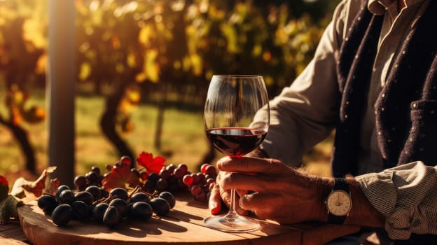 Authentic shot happy successful male winemaker is tasting a flavor checking red wine quality poured in transparent glass vineyards background sunset. Wine making, vineyards, tourism business, small private business, chain restaurant, flavorful drinks