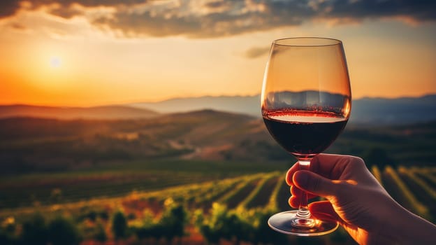 Red wine swirls in a glass. A bush of grapes before harvest. A hand holds a glass of white wine against a vineyard in the background of a rural landscape during sunset. Wine making, vineyards, tourism business, small and private business,