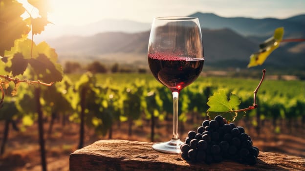 Red wine swirls in a glass. A bush of grapes before harvest. A hand holds a glass of white wine against a vineyard in the background of a rural landscape during sunset. Wine making, vineyards, tourism business, small and private business,