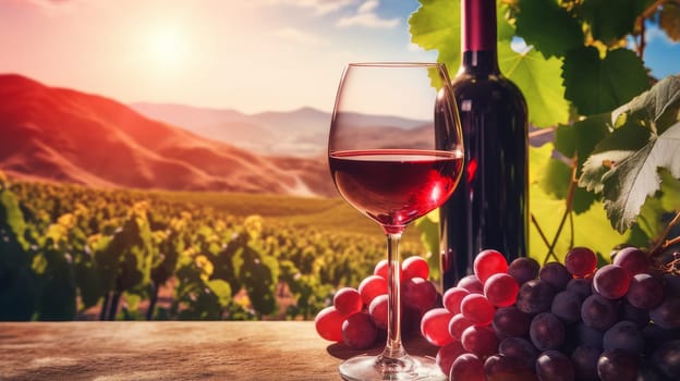 Red wine swirls in a glass. A bush of grapes before harvest. A hand holds a glass of white wine against a vineyard in the background of a rural landscape during sunset. Wine making, vineyards, tourism business, small and private business,