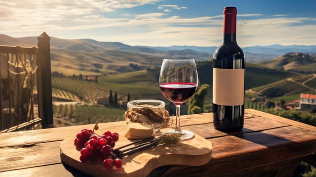 Red wine swirls in a glass. A bush of grapes before harvest. A hand holds a glass of white wine against a vineyard in the background of a rural landscape during sunset. Wine making, vineyards, tourism business, small and private business,