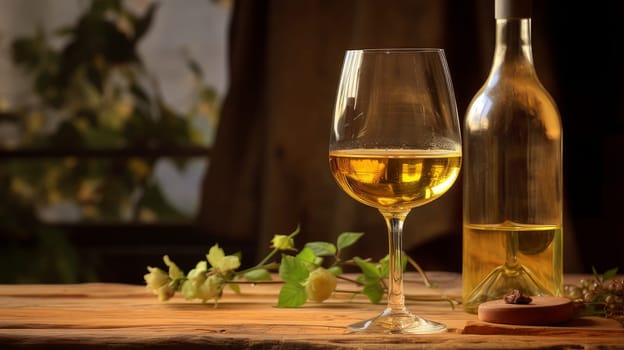 Refined still life with white wine, cheese and grapes on a wicker tray on a wooden table on a dark background. Wine making, vineyards, tourism business, small and private business, chain restaurant, flavorful food and drinks