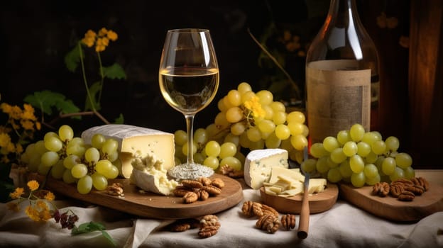 Refined still life with white wine, cheese and grapes on a wicker tray on a wooden table on a dark background. Wine making, vineyards, tourism business, small and private business, chain restaurant, flavorful food and drinks