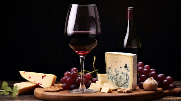 Refined still life with red wine, cheese and grapes on a wicker tray on a wooden table on a dark background. Wine making, vineyards, tourism business, small and private business, chain restaurant, flavorful food and drinks