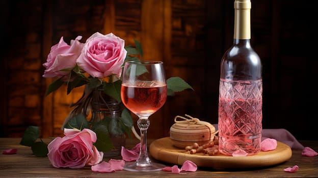 Exquisite still life with rose wine, cheese and grapes on a wicker tray on a wooden table on a dark background. Wine making, vineyards, tourism business, small and private business, chain restaurant, flavorful food and drinks