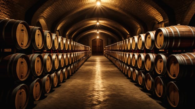 Wine cellar with wine barrels, modern and clean with oak barrels for aging and transport. Wine making, vineyards, tourism business, small and private business, chain restaurant, flavorful food and drinks