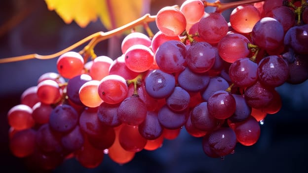 Red, pink grapes with water drops, close-up background. Wine making, vineyards, tourism business, small and private business, chain restaurant, flavorful food and drinks