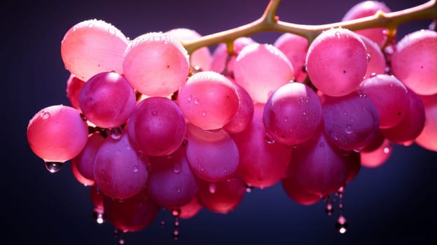Red, pink grapes with water drops, close-up background. Wine making, vineyards, tourism business, small and private business, chain restaurant, flavorful food and drinks