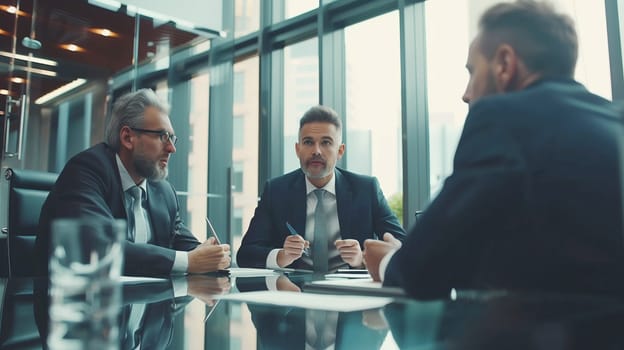 Business people discussing a deal together at a meeting sitting at the desk in an boardroom, businessmen partners having a conversation