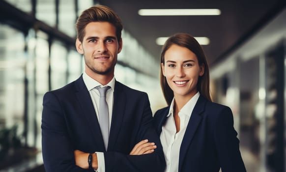 Portrait of two business people standing together in an office, happy business colleagues working as a team wearing business suit and looking at camera