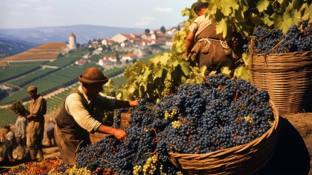 Man picking grapes: Manually picking blue grapes on vineyards to make wine. Wine making, vineyards, tourism business, small and private business, chain restaurant, flavorful food and drinks