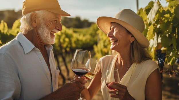 Happy elderly couple in love with a glass of red wine celebrating a good grape harvest. An old couple and a red color check outside . Wine making, vineyards, tourism business, small and private business, chain restaurant, flavorful food and drinks