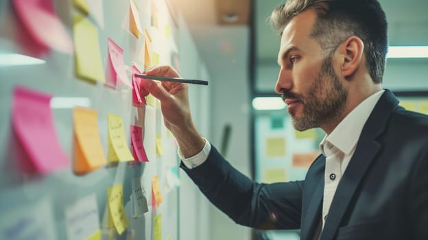 Board room, business, office, creative businessman planning, brainstorming with sticky notes for ideas, man making note, sets task for company growth