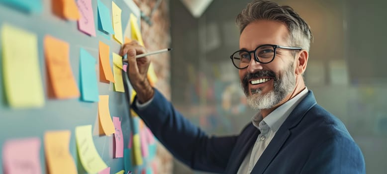 Board room, business, office, creative businessman planning, brainstorming with sticky notes for ideas, man making note, sets task for company growth