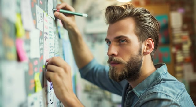 Board room, business, office, creative businessman planning, brainstorming with sticky notes for ideas, man making note, sets task for company growth