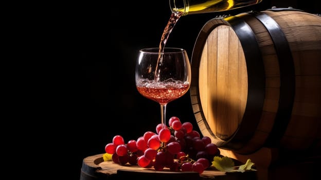 Refined still life with red wine, cheese and grapes on a wicker tray on a wooden table on a dark background. Wine making, vineyards, tourism business, small and private business, chain restaurant, flavorful food and drinks