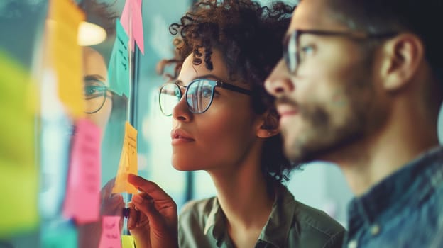 Board room, business, office, colleagues businesspeople planning, brainstorming with sticky notes for ideas, woman and man making note, sets task for company growth