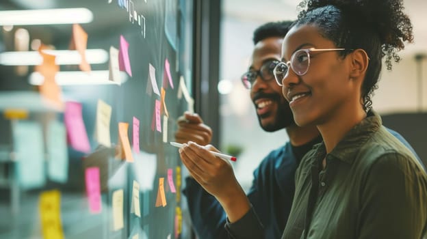 Board room, business, office, colleagues businesspeople planning, brainstorming with sticky notes for ideas, woman and man making note, sets task for company growth