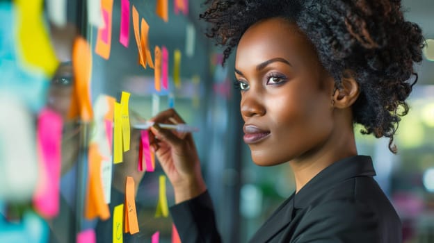 Board room, business, office, creative african businesswoman planning, brainstorming with sticky notes for ideas, woman entrepreneur making note, sets task for company growth