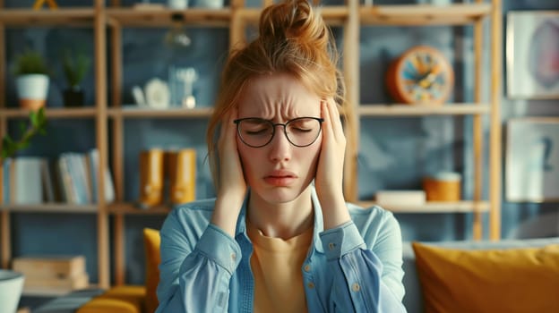 Portrait of exhausted tired young woman with headache, stress, fatigue, temples pain, suffers from migraine, tension in the head at home