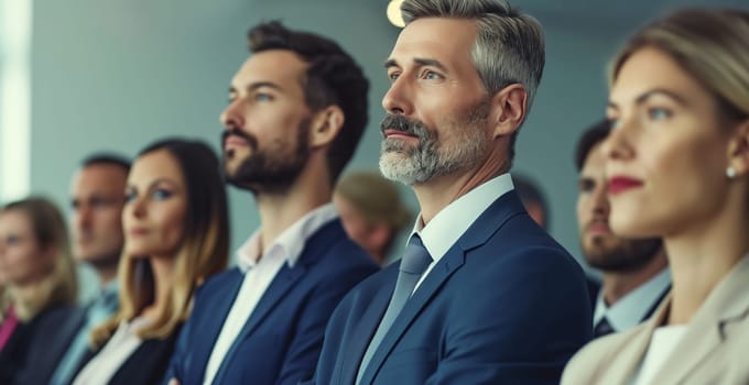 Group of business people at a seminar, official meeting, people in business formal clothes listening to a speech