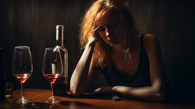 alcoholism, alcohol addiction and people concept - drunk woman or alcoholic woman drinking wine and spirits at home, alcohol problems