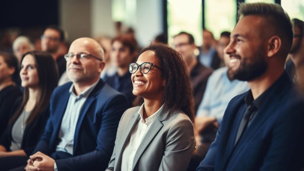 Group of business people at a seminar, official meeting, people in business formal clothes listening to a speech