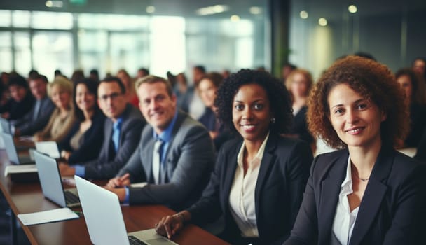 Group of business people at a seminar, official meeting, people in business formal clothes listening to a speech