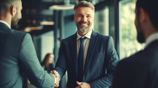 Happy smiling mature businessman shaking hands with his colleague after a meeting in a corporate boardroom. Business people celebrating a successful business partnership