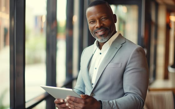 Portrait of confident African American businessman holding digital tablet computer standing in the office wearing business suit and looking at camera