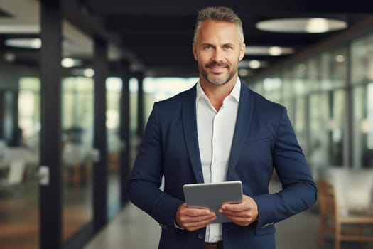 Portrait of confident mature businessman holding digital tablet computer standing in the office wearing business suit and looking at camera