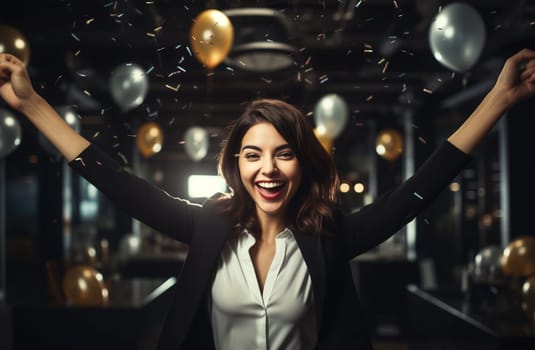 Joyful businesswoman celebrating with her colleagues business people, woman having a party having fun in the office