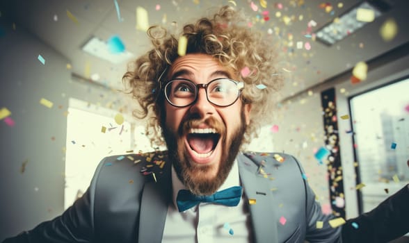Portrait of joyful businessman celebrating man having a business party having fun in the office