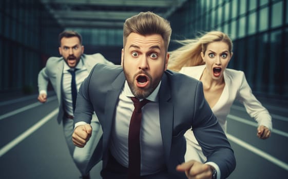 Funny running joyful businessman with colleagues having a race in the office, business people having fun together