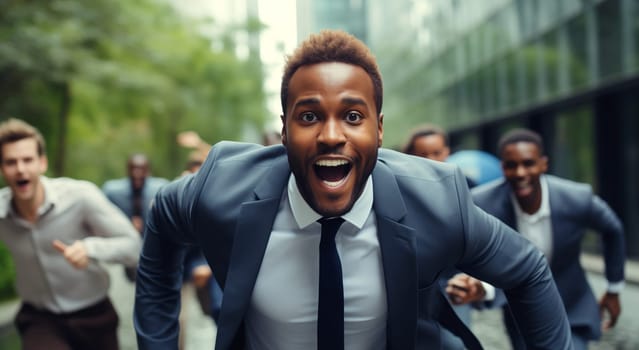 Funny running joyful black businessman with colleagues having a race in the office, business people having fun together