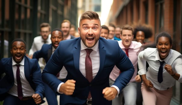 Funny running joyful businessman with colleagues having a race in the office, business people having fun together