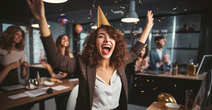 Joyful businesswoman celebrating with her colleagues business people, woman having a party having fun in the office