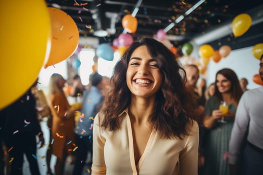 Joyful businesswoman celebrating with her colleagues business people, woman having a party having fun in the office