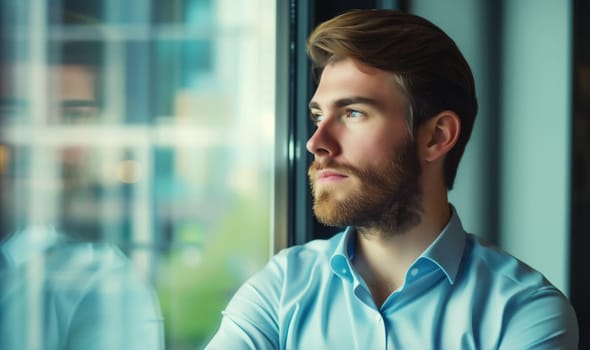 Portrait of thoughtful businessman thinking and looking out the window in the office, entrepreneur looking away making business plans