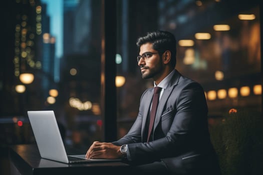 Modern successful young indian businessman sitting at desk and working at the laptop in the office late at night