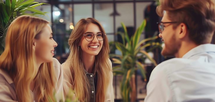 Business people discussing a new project together in an office, professionals colleagues having a conversation at a meeting